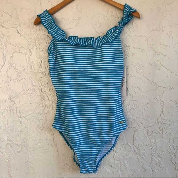 NICOLE MILLER One Piece Stripe Off Shoulder Ruffle Swim Bathing Suit Size 10 - Picture 3 of 9